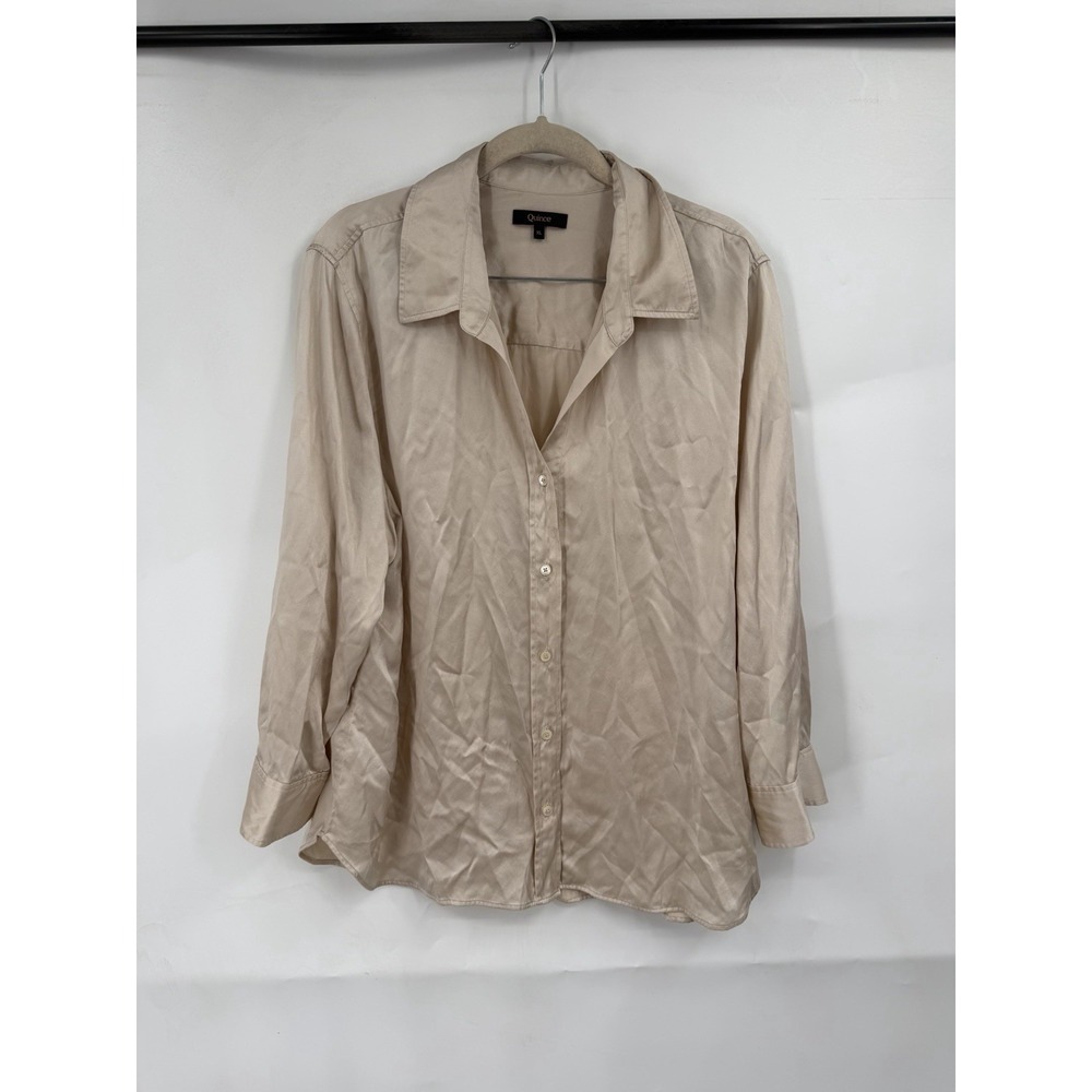Quince 100% Silk Blouse Women XL Champagne Button Front Long Sleeve Old Money